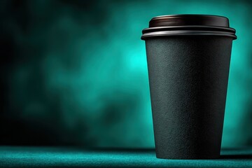 Black coffee cup with lid on green background