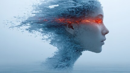 白い背景に赤く光る目をしたデジタル人間。