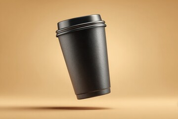 Floating black coffee cup on beige background