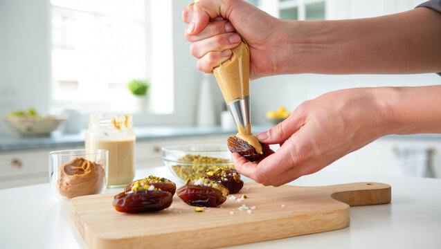 Hand stuffing dates with peanut butter in a bright kitchen setting for culinary content, menu, recipe, healthy snack idea, trendy stuffed dates nut butter filling, healthy dessert no bake sweet