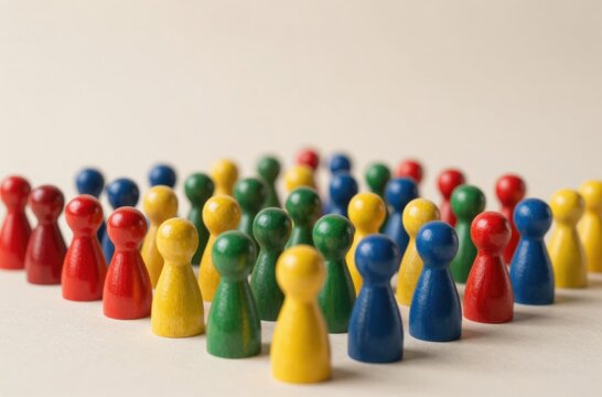 Colorful Wooden Figurines Arranged, Illustrating Teamwork, Diversity, and Strategy in Business and Organizational Concepts