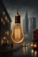 Vintage Lightbulb In Rainy Cityscape