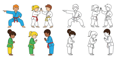 Fototapeta premium Cartoon Kids Practicing Karate Set with Coloring Page Outlines. Diverse Boys and Girls in Kimonos Bowing and Sparring Vector Illustration.