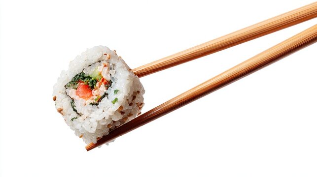 Sushi roll with chopsticks holding single piece