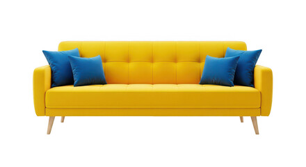 Bright yellow sofa with blue pillows isolated on transparent background