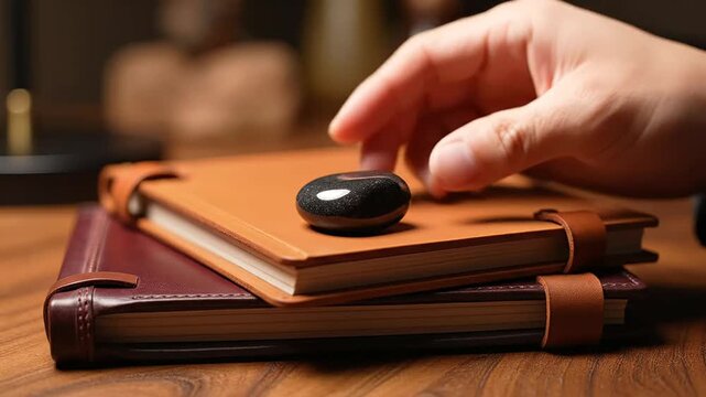 Hand touching stone. self injury awareness. mental health journaling. personal struggle support. coping mechanism concept.
