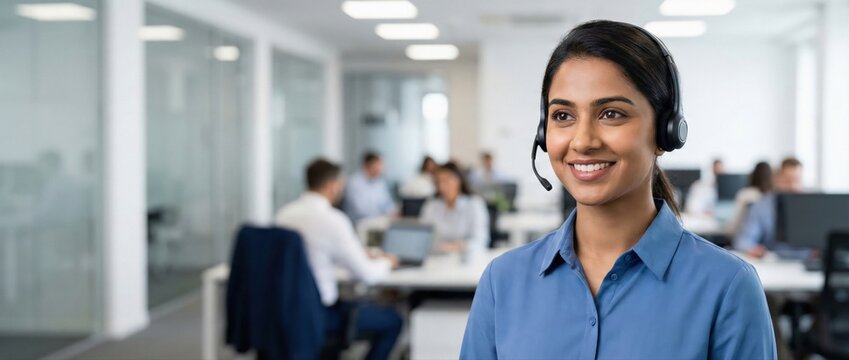 Indian woman customer service representative smiling with headset in modern office, assisting clients with support and communication Concept of call center, professionalism, and teamwork