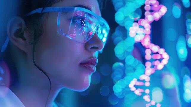 Rare Disease Day: female scientist examining DNA double helix hologram projection in modern laboratory, blue and purple illumination, high-tech equipment