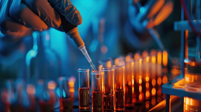 Rare Disease Day: gloved hands pipetting liquid into test tubes with rare disease samples, high-tech laboratory environment, dramatic side lighting, precise scientific work