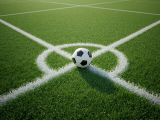 Soccer Ball at Corner of Green Field Ready for the Game