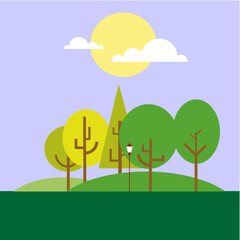 Fototapeta premium Summer landscape illustration featuring green trees and a grassy field under a blue sky with white clouds in a nature vector art design