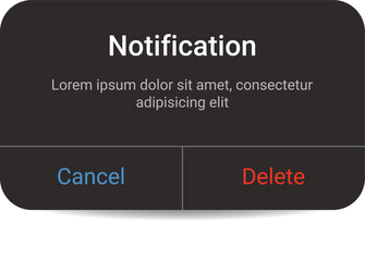 Dark notification pop up UI design with cancel and delete buttons. Mobile app and web alert interface in a minimal modern style. Dialog interface alerts, confirmation messaging, system warnings.