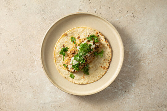 A top down view of a ground beef taco.