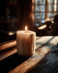 Single Glowing Candle On Wooden Table