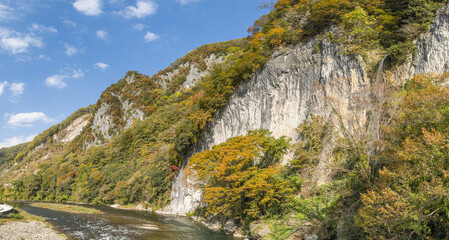 Obraz premium 日本 岡山県新見市にある井倉峡沿いを流れる高梁川と紅葉と井倉の滝