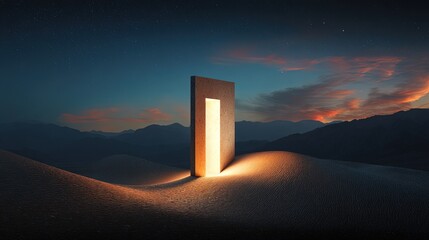 Glowing Portal In Desert Landscape At Sunrise