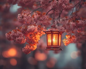 Pink Blossoms and Warm Lantern Light