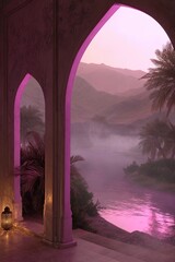 Pink Tone Archway View To Mountain River