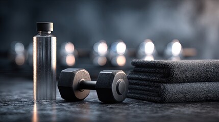 Fitness Equipment Still Life With Dumbbell Water Bottle And Towel