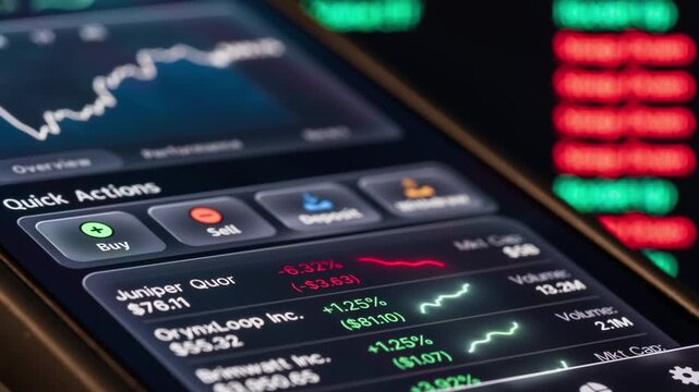 Close-up smartphone screen showing financial app with mixed market movement, rising and falling charts, reflecting volatility, fluctuations, investment risk, trading dynamics and financial performance