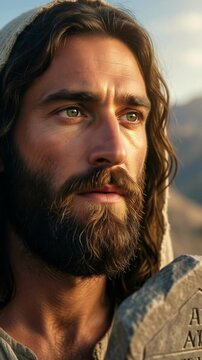 Moses on Mount Sinai with Glowing Light on Face and Stone Tablets in Powerful Biblical Scene