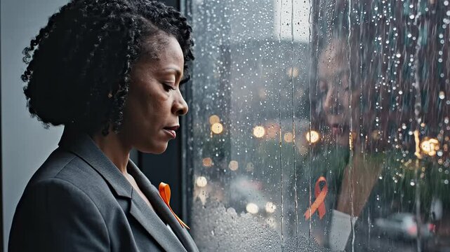Depressed woman wearing orange awareness ribbon looking out rainy city window self injury awareness day concept