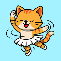 A cute cartoon orange tabby cat wearing a white tutu and ballet slippers, happily dancing with swirls indicating movement. © Rara