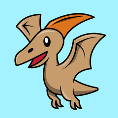 A cute cartoon pterodactyl with brown body and orange crest flying happily against a light blue background. © Rara
