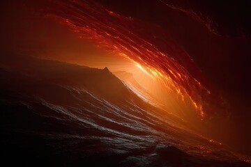 Abstract Cosmic Landscape With Glowing Red Streaks