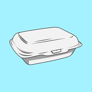 A white styrofoam takeout food container, closed and ready for transport, on a light blue background.