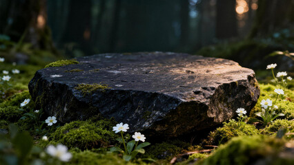 Fototapeta premium Natural dark rock stone podium surrounded by moss and small white flowers in forest, product display stage background.
