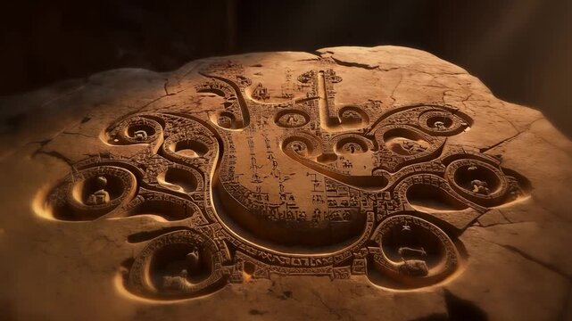 The image features a detailed carving of an octopus on a stone surface. The octopus carving shows intricate patterns and symbols, enhancing the stone's visual depth.