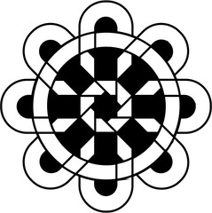 A clean vector illustration of an atomic science symbol and fan design featuring a nuclear molecule icon with electron patterns for physics and energy technology on a white background