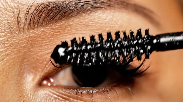 A close-up of a woman's eye with mascara being applied to her eyelashes