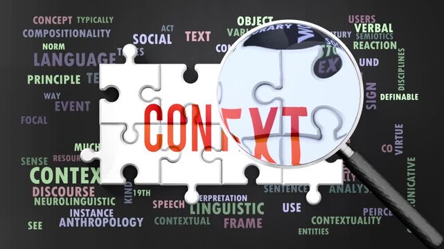 Context under magnifying glass, being researched, studied and examined. Most important subjects and ideas closely related to context presented as a word cloud. Complexity of context. Can be looped.