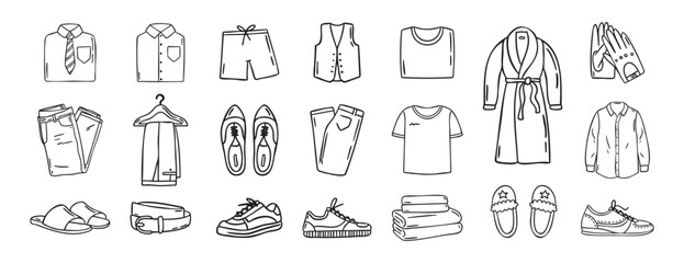 Mens clothing and wardrobe set shirts trousers shoes robe slippers belt gloves, hand drawn doodle line art monochrome hand drawn