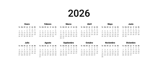 Obraz na płótnie Canvas Spanish 2026 calendar. isolated wall background. Vector illustration design template start from Monday for Spain