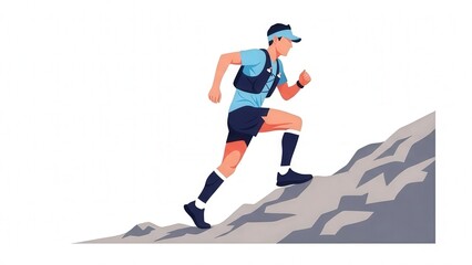 Obraz premium Dynamic Male Trail Runner Climbing Rocky Mountain Trail on Adventure Hike