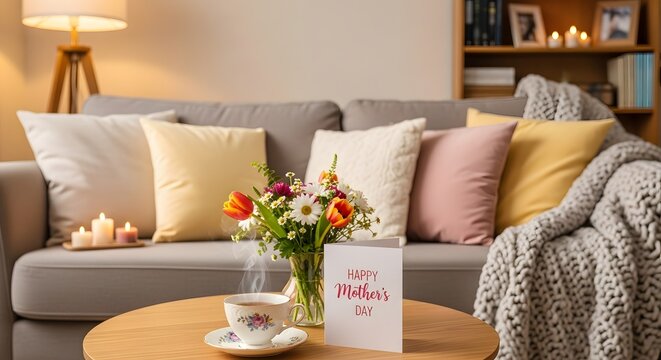 Cozy mother's day living room setup with flowers and card