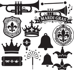 Obraz premium Mardi Gras Carnival Symbols and Music Silhouette Icon Set