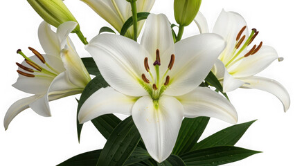 Obraz premium Beautiful white lilies in full bloom isolated on transparent background