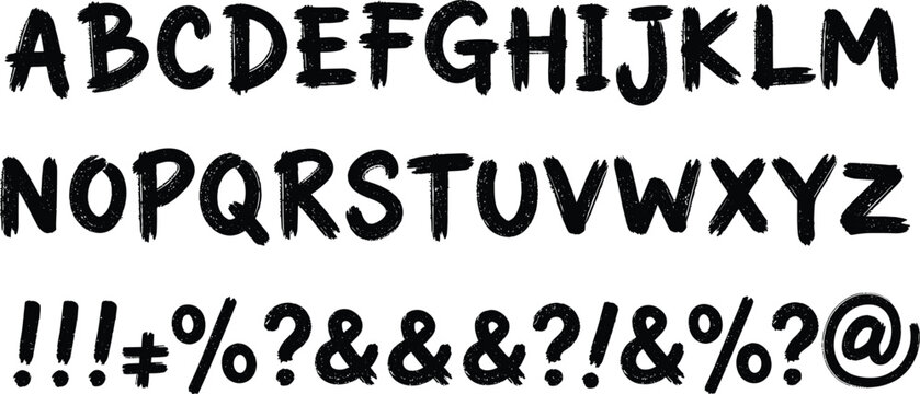 Black hand painted alphabet letters and punctuation marks with rough texture Keywords: alphabet, letters, punctuation, marks