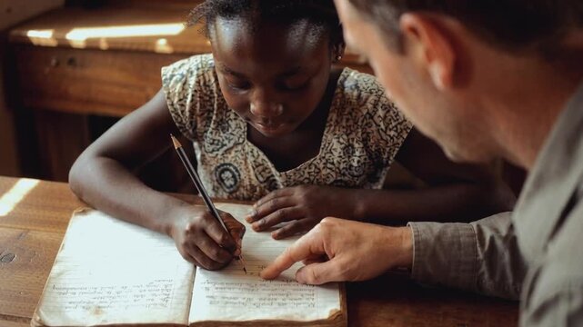 Volunteer teacher helping a young African schoolgirl write in a notebook. Happy child learning with a mentor in a rural classroom. Education charity and humanitarian aid concept