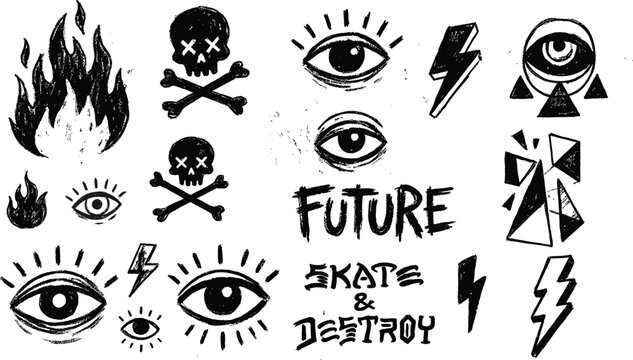 Hand drawn black ink graffiti icons flames eyes lightning bolts and text on a white background Keywords: flame icon, eye icon