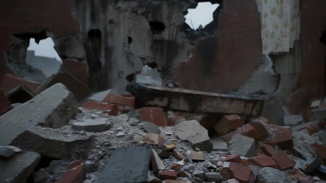 The scene depicts debris scattered throughout a ruined structure. The damaged walls reveal significant destruction and expose the interior environment.