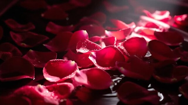 Crimson velvet petals on ruby silk under cinematic light Valentine's Day