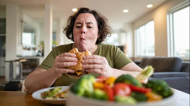 Overweight woman eating a large hamburger with enjoyment while ignoring a salad. Plus size female taking a bite of fast food at home. Unhealthy diet and obesity concept