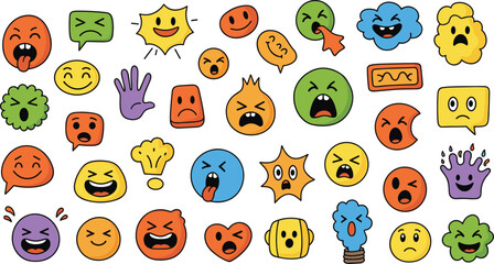 Fototapeta premium Vibrant Collection of Hand Drawn Emoji Faces Expressing Various Emotions Keywords: emoji, face, expression, emotion, cartoon