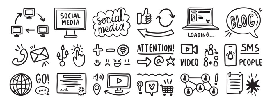 Social media signs and symbols set with hand drawn arrows, icons for app, trendy blogging, internet communication, creative digital
