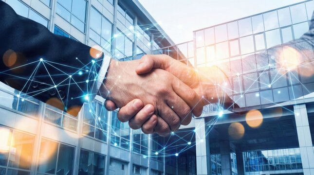 Business handshake in front of modern office building with digital network overlay,symbolizing technology partnership,global cooperation and successful corporate deal